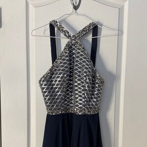 Le Chateau Silver and Navy Women's Halter Top Dress